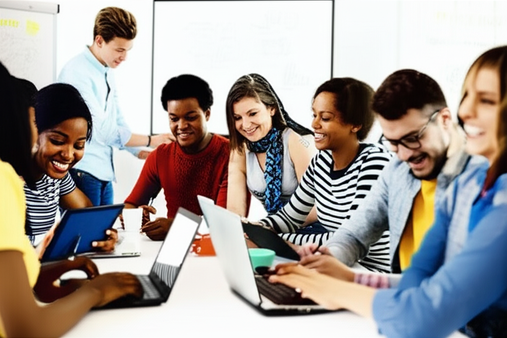 Personnes africaines souriantes apprenant les compétences numériques ensemble